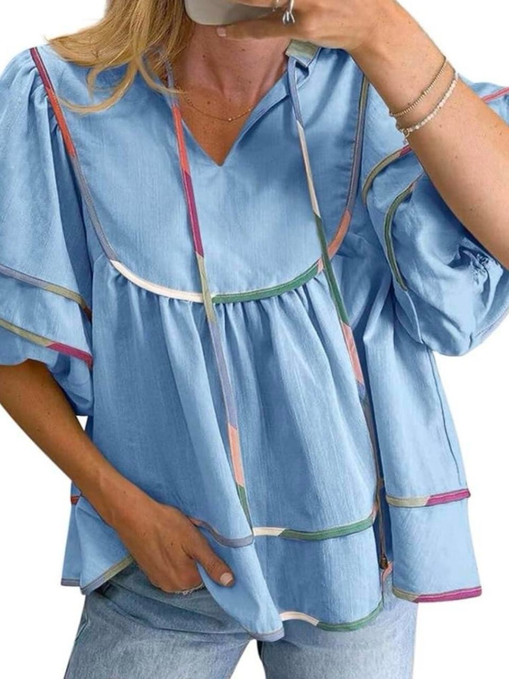 Sky Light Blue Peasant Blouse with Multicolor Trim